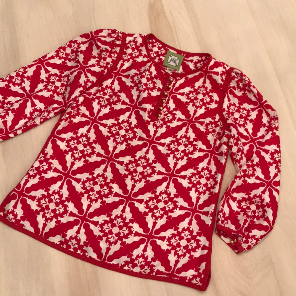 Elizabeth McKay Silk Red Elephant Blouse - Size 8